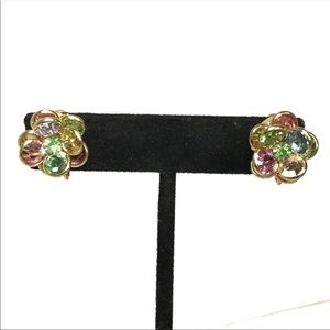 Gold Tone Pastel Rhinestones Clip On Layer Flower